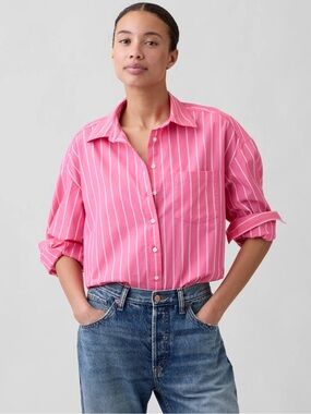 GAP Oversized Pink Striped Button Up Poplin Shirt